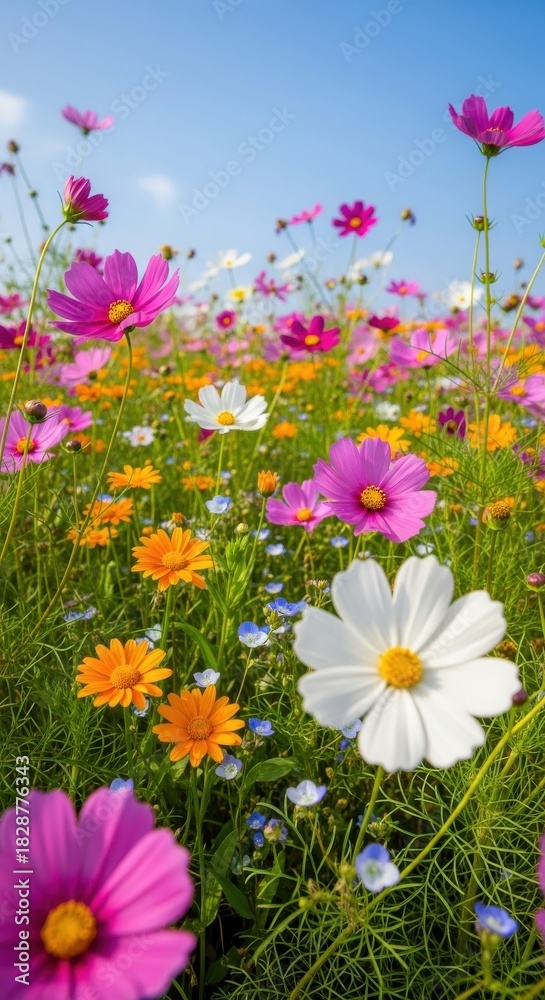Fototapeta premium Vibrant wildflower meadow under bright blue sky