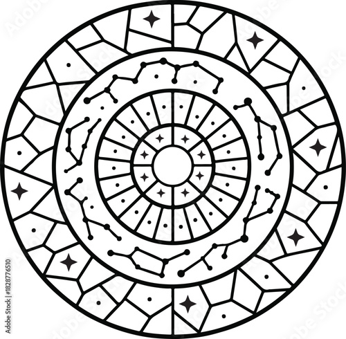  Zodiac Constellation Ring Mosaic illustration, Celestial Mosaic Clipart, Zodiac Round mosaic pattern, Astrology Sign Stained Glass art, circle Mosaic line art design