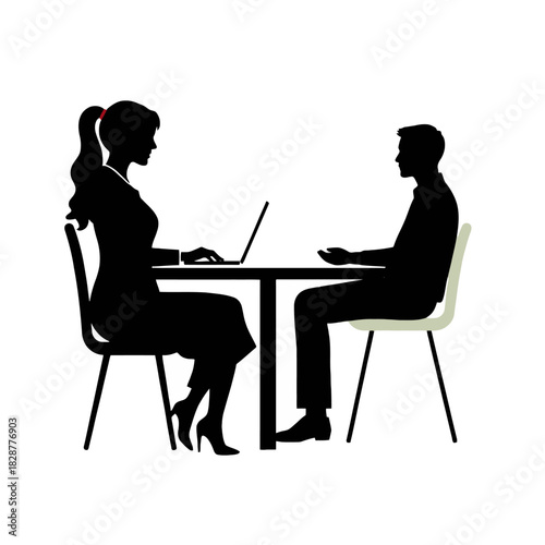 Silhouettes of a woman using a laptop and a man sitting opposite her at a table, representing a business meeting or interview.