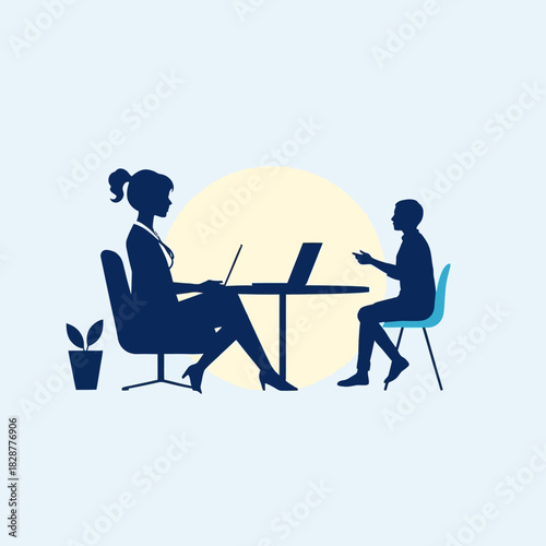 Silhouette illustration of a job interview or business meeting in a modern office environment.