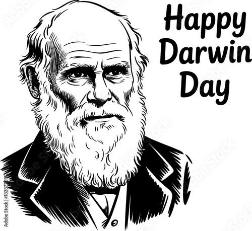 Charles Darwin portrait with Happy Darwin Day text illustration drawing
