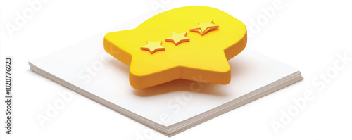 Yellow speech bubble with three stars on white paper stack isolated