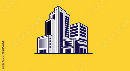 A bold and modern graphic illustration of city buildings and skyscrapers representing real estate and urban architecture.
