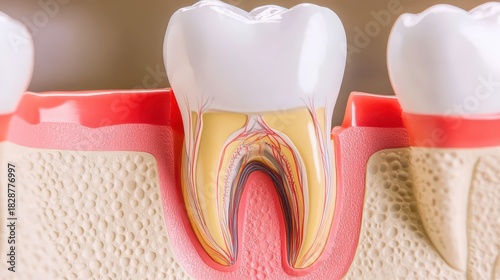 Detailed model of a human tooth with cross section view