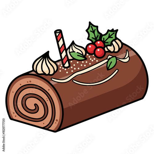French Bûche de Noël Yule Log Cake Vector Illustration
