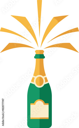 A green champagne bottle with a gold top bursting open with golden celebratory confetti or liquid, symbolizing a festive occasion or success.