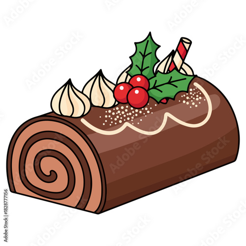 French Bûche de Noël Yule Log Cake Vector Illustration
