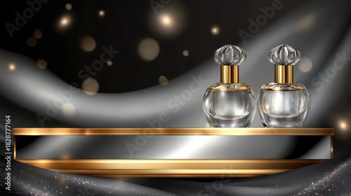 Elegant perfume bottles on a mirrored display shelf with gold trim