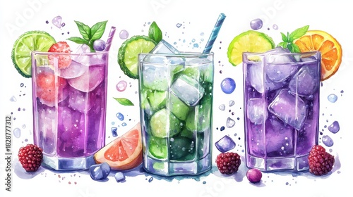 Refreshing Watercolor Cocktails with Fruits and Ice