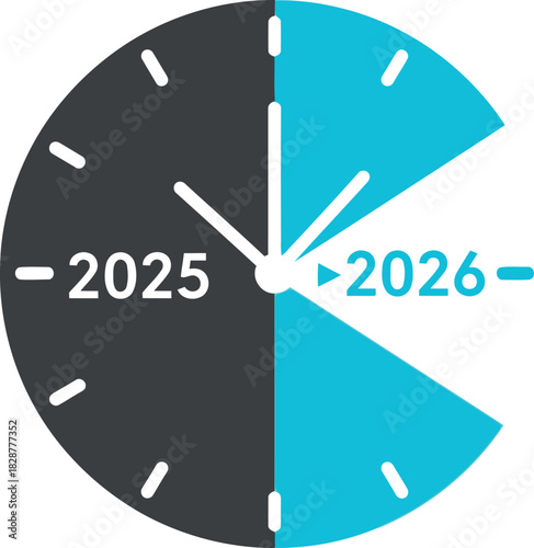 A clock face divided into two halves, representing the transition from 2025 to 2026, symbolizing the passage of time and future planning.