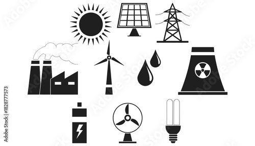 Power Generation and Renewable Energy Glyph Icons Set: Electricity and Environmental Collection Featuring Factory, Solar Panel, Wind Turbine, Nuclear Plant, Pylon, and Light Bulb