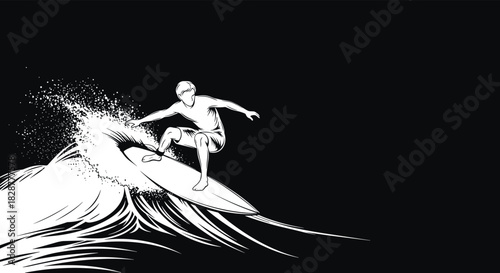 Dynamic black and white illustration of a surfer riding a powerful ocean wave with dramatic spray and motion on a dark background.