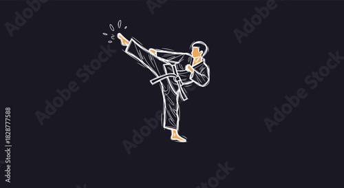 Dynamic sketch-style illustration of a martial artist executing a high kick with energy effects on a solid dark background.