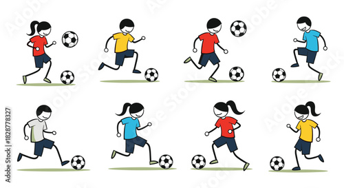 A playful set of colorful stick figure children including boys and girls actively playing soccer and kicking the ball.