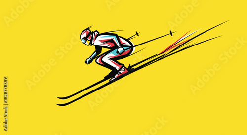 Artistic and dynamic sketch of a downhill skier in motion with colorful highlights set against a bright yellow background.
