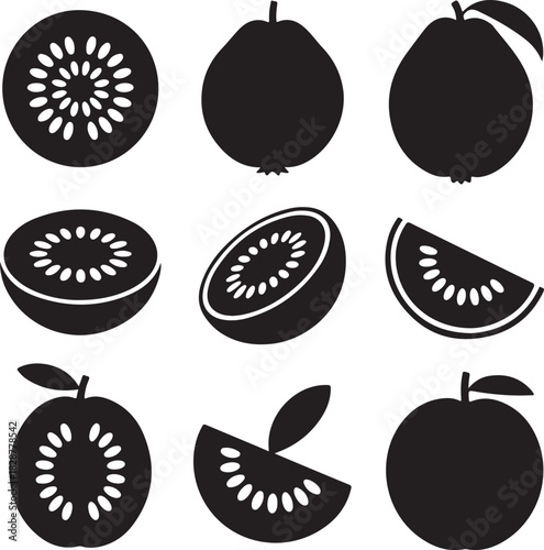 Black and white fruit vector illustration featuring kiwi and guava variety