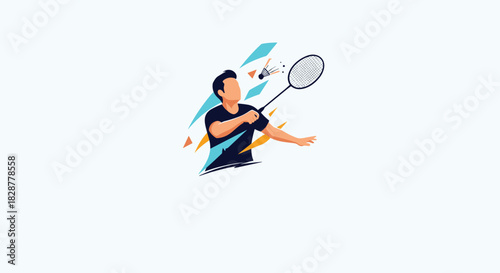 Modern and abstract illustration of a male badminton player in action hitting a shuttlecock with colorful shapes in the background.