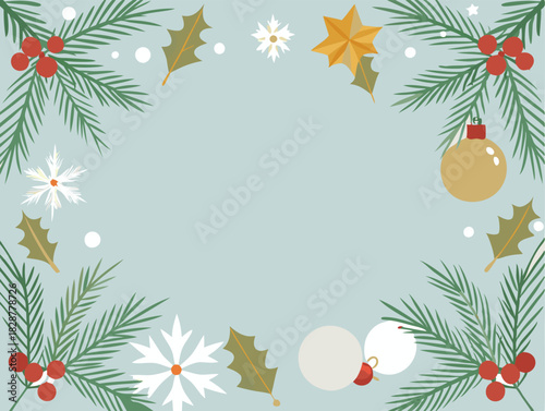 Festive christmas wreath with pine branches holly berries and snowflakes on a light blue background