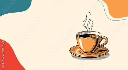 Vintage-style illustration of a steaming hot cup of coffee on a saucer with a background of modern abstract colorful shapes.