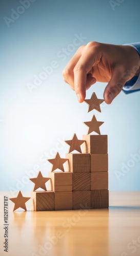 Hand placing star on wooden blocks for rating
