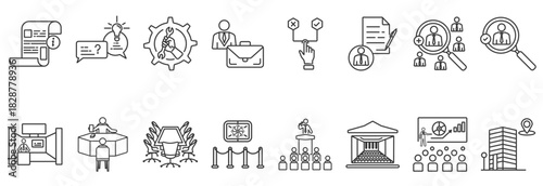 Job fair icon collection includes informing, advising, skills, jobs, choices, applicants, recruiting, hiring with thin line illustrations and white background.