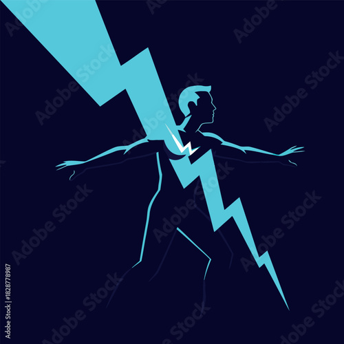 A stylized illustration of a man being struck by a powerful blue lightning bolt, symbolizing energy, shock, or a sudden surge of power.