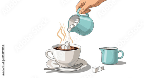 Illustration of a hand pouring sugar cubes from a pitcher into a steaming cup of coffee in a charming retro art style.