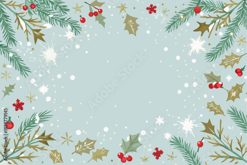 Festive winter christmas border with snowflakes pine branches and holly berries