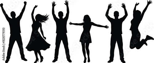 Celebration silhouette, joyful people jumping, expressive dance poses, black figure pattern, happiness and freedom concept, white background