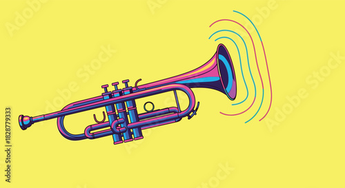 Vibrant and stylized illustration of a trumpet with sound waves emitting from the bell on a solid bright yellow background.