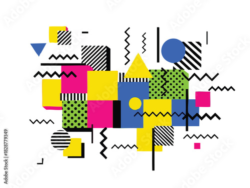Geometric Pop Art Composition with Bold Colors and Abstract Shapes