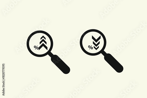 Vector icon of a magnifying glass showing a downward graph trend. Perfect for risk analysis, financial loss visualization, investment decline, and economic reports.