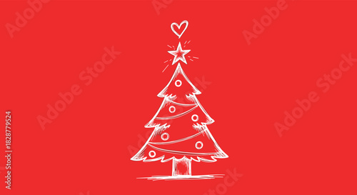 A charming hand-drawn sketch of a Christmas tree with a heart on top against a solid festive red background.