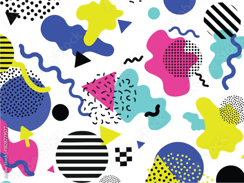 Colorful Memphis Style Background with Geometric Shapes and Abstract Elements