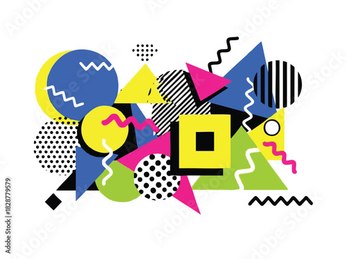 Colorful Abstract Geometric Composition with Triangles, Circles, and Squares