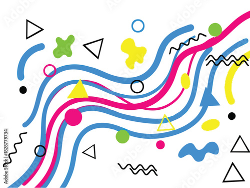 Vibrant Abstract Composition with Geometric Shapes and Wavy Lines