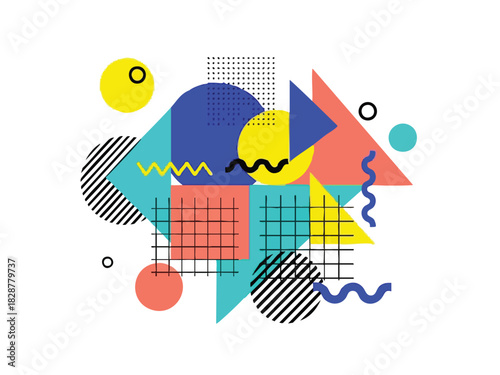 Playful Abstract Geometric Composition in Bright Colors with Memphis Design Elements