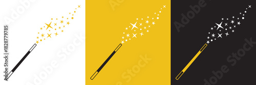 A set of three stylized magic wand icons, each producing a trail of glittering stars, presented on different backdrops: pristine white, vibrant yellow, and sleek black.