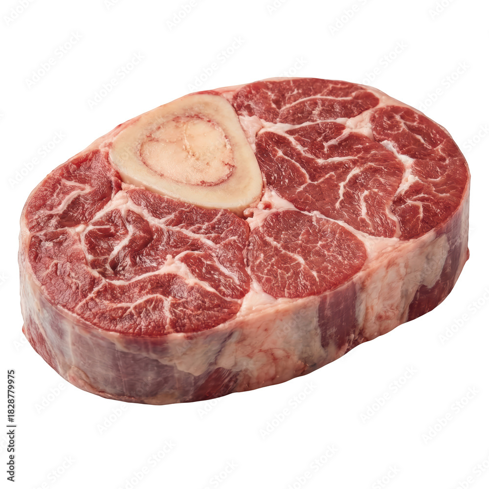 Obraz premium Fresh raw osso buco beef shank, prime cut of meat with bone marrow, looks appetizing for gourmet dinner