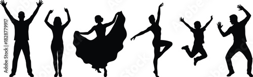 Dance and celebration silhouette, expressive movement poses, joyful figures in motion, black icon pattern, isolated white background