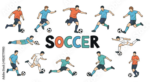 A dynamic set of illustrations featuring various soccer players in action including kicking dribbling and goalkeeping positions.