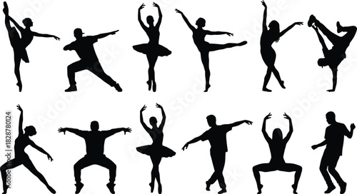 Dance silhouette set, ballet and modern poses, expressive movement icons, black figure pattern, white background illustration
