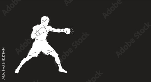 Minimalist white outline illustration of a boxer in a fighting stance throwing a punch on a solid dark background.