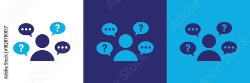 A versatile vector illustration of a person avatar surrounded by speech bubbles with questions and ellipses, signifying communication, inquiry and support services.