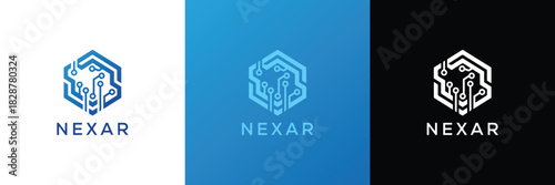 This modern, clean, and professional logo for NEXAR visually communicates advanced technology, network, and digital solutions. Ideal for technology businesses.