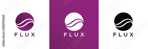 A versatile set of Flux logos in purple, white, and black, featuring a contemporary spherical design with elegant wavy lines. Ideal for representing flow, change, and innovation.