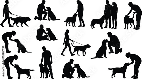 Dog interaction silhouettes, walking, training, petting, kneeling, standing, leash, care, companionship, posture, behavior, bonding, affection, attention, obedience, activity, motion, human