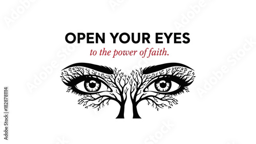 Conceptual graphic of stylized human eyes formed by organic tree branches, representing inner vision, spiritual growth, and the profound power of faith and belief