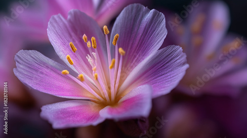 Close up shot of a lewisias flower with pink and white petals and yellow stamen in soft focus