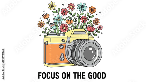 Vintage camera illustration with blooming flowers, positive quote. Focus on the good, photography concept